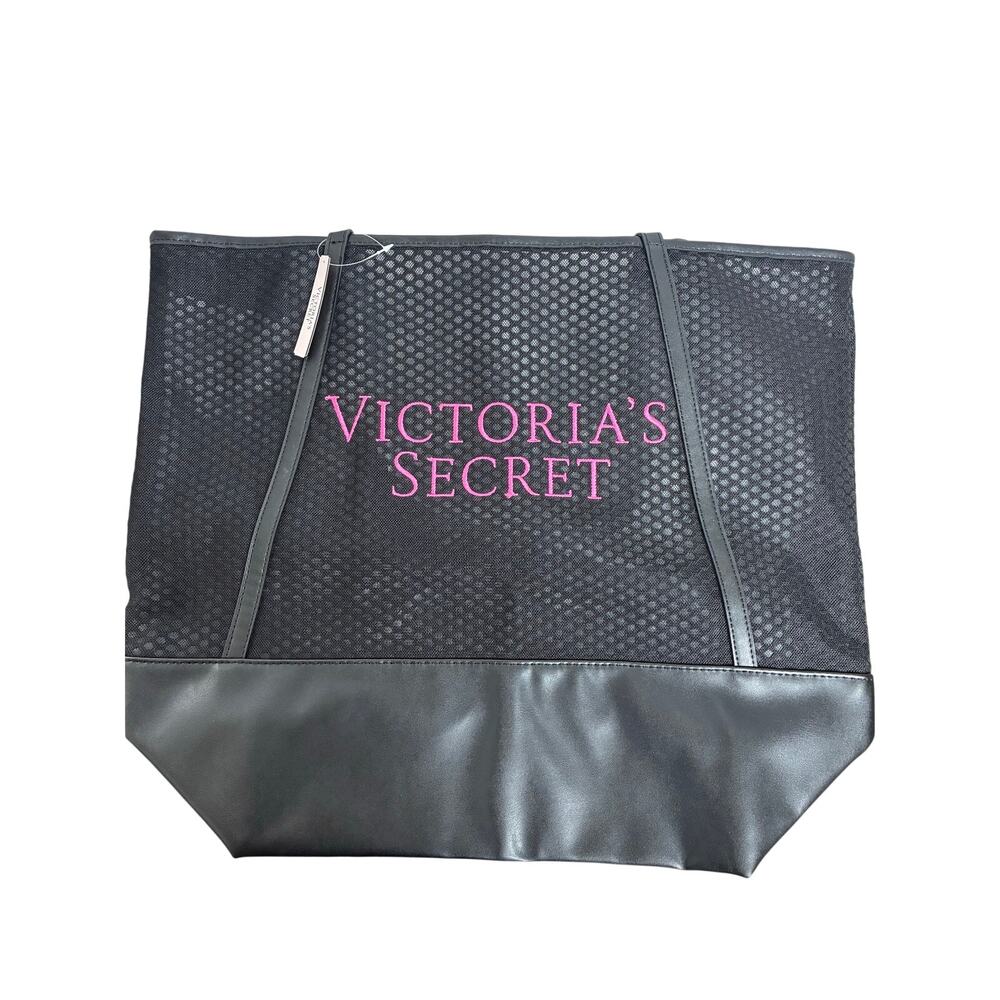 Victoria's Secret Embroidered Logo Black Mesh Large Tote Bag Tassel NWT